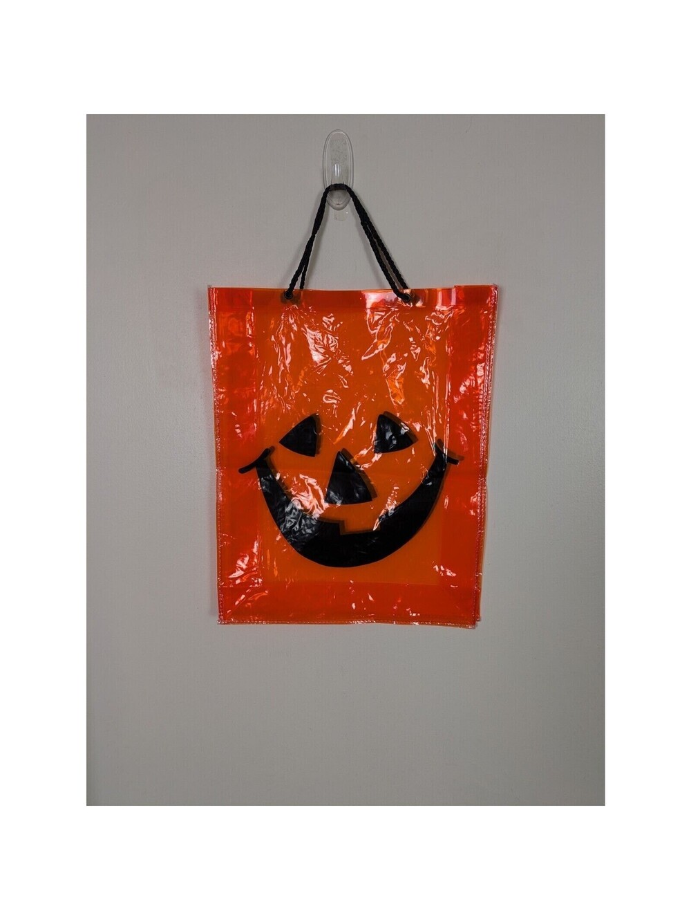 Vintage Halloween Trick Or Treat Bag Transparent Orange Pumpkin Face 16x13in